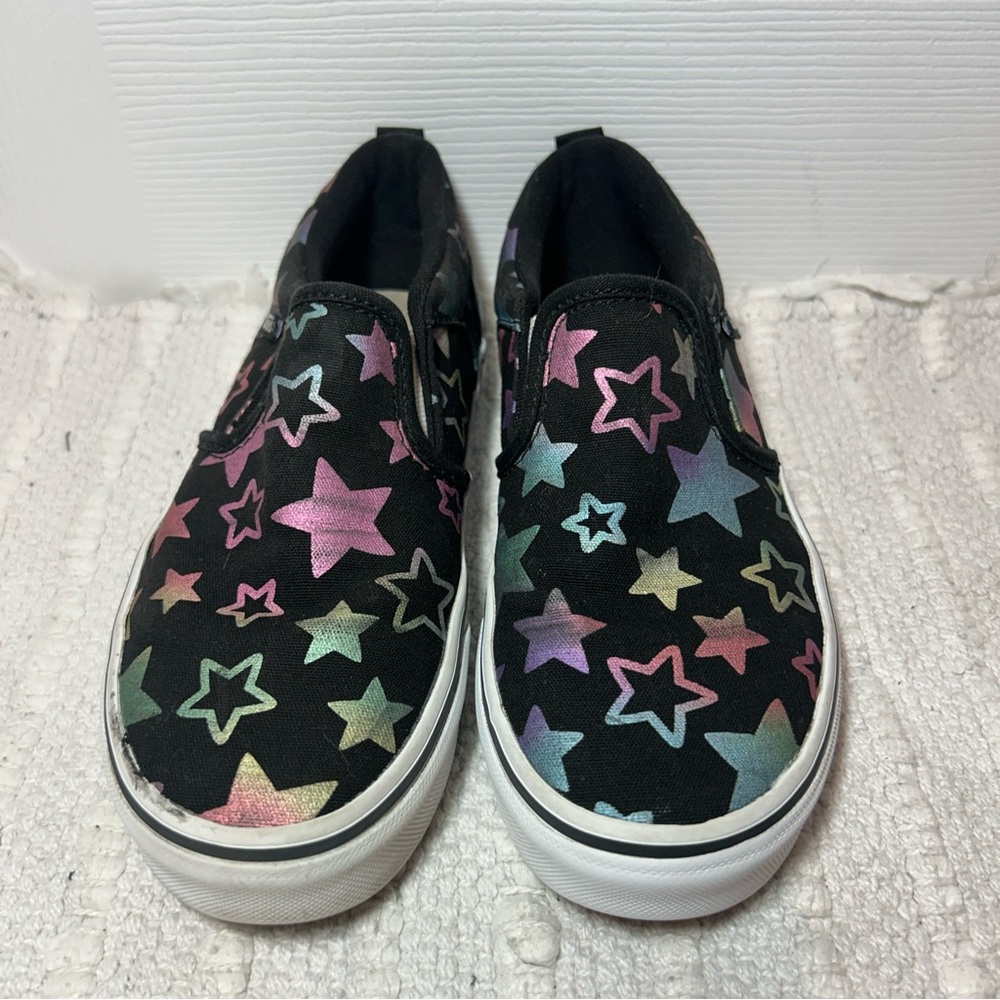 Vans Asher Metallic Foil Stars Black Canvas Slip On Skate Shoes Unisex Kids 2.5